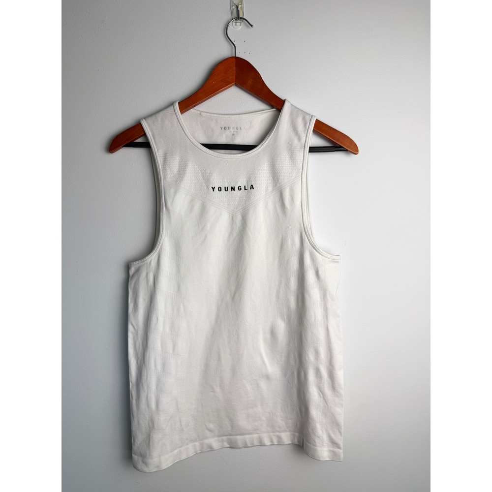 YOUNGLA Seamless Tank Top Mens White Logo Gym Workout Muscle Shirt Size M